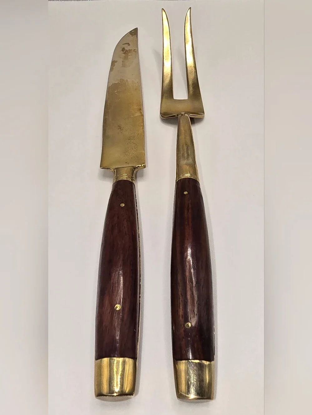 Mid-century Carving Knife & Fork Set Brass/Bronze Alloy with Teak Wood Handle